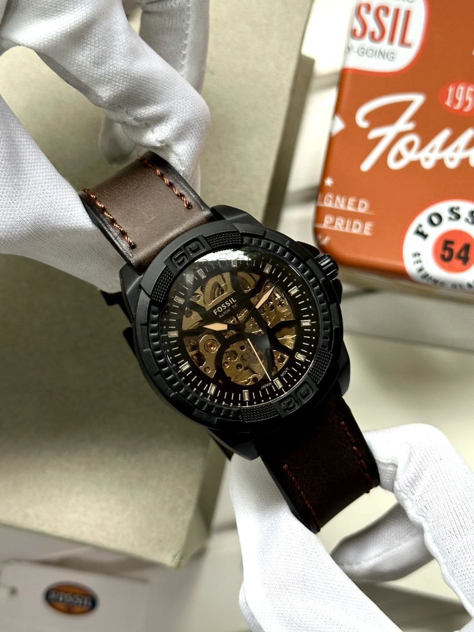 Fossil Men's Automatic Skeleton Dial Watch - Black Case & Brown Leather Strap | Excellent Condition
